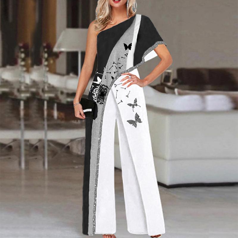 Fashion Dandelion Color Block Print Off-shoulder Jumpsuit Women