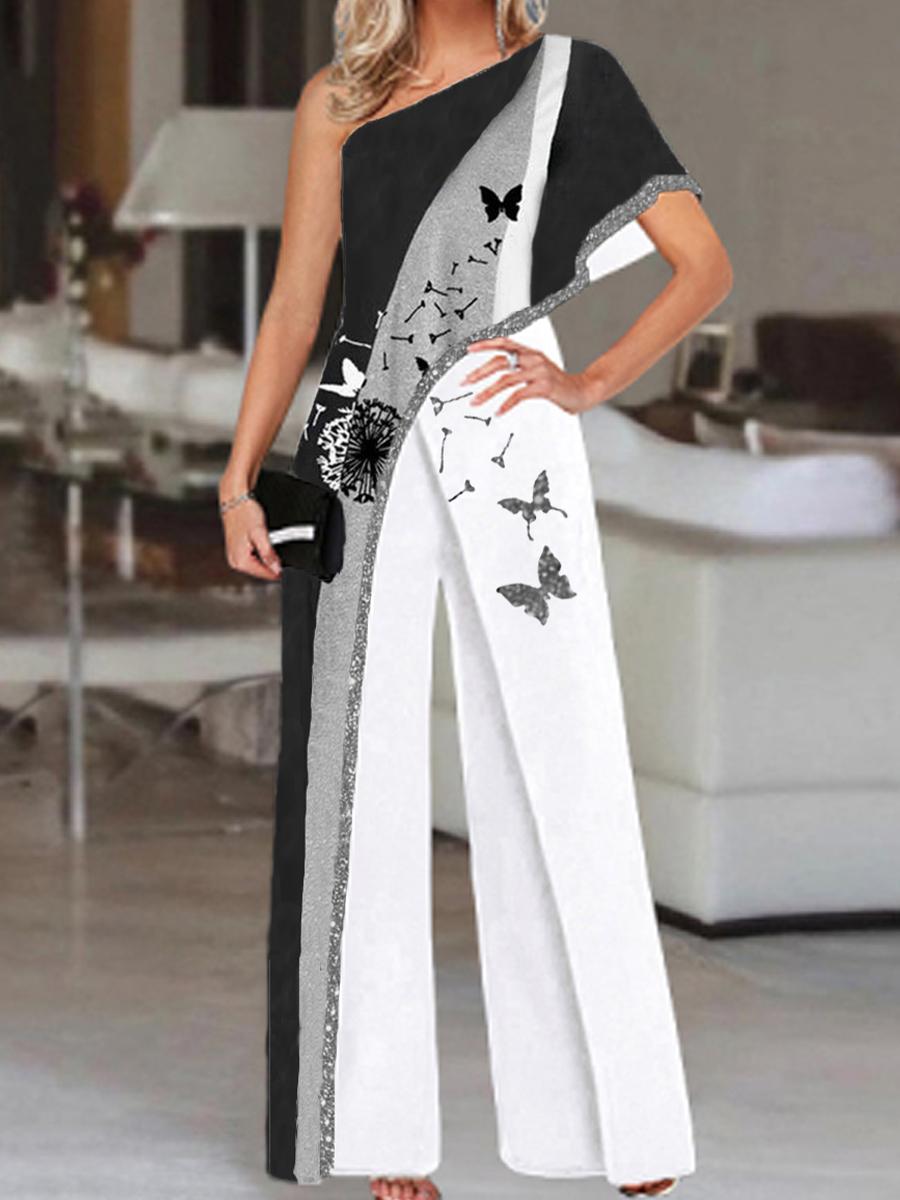 Fashion Dandelion Color Block Print Off-shoulder Jumpsuit Women