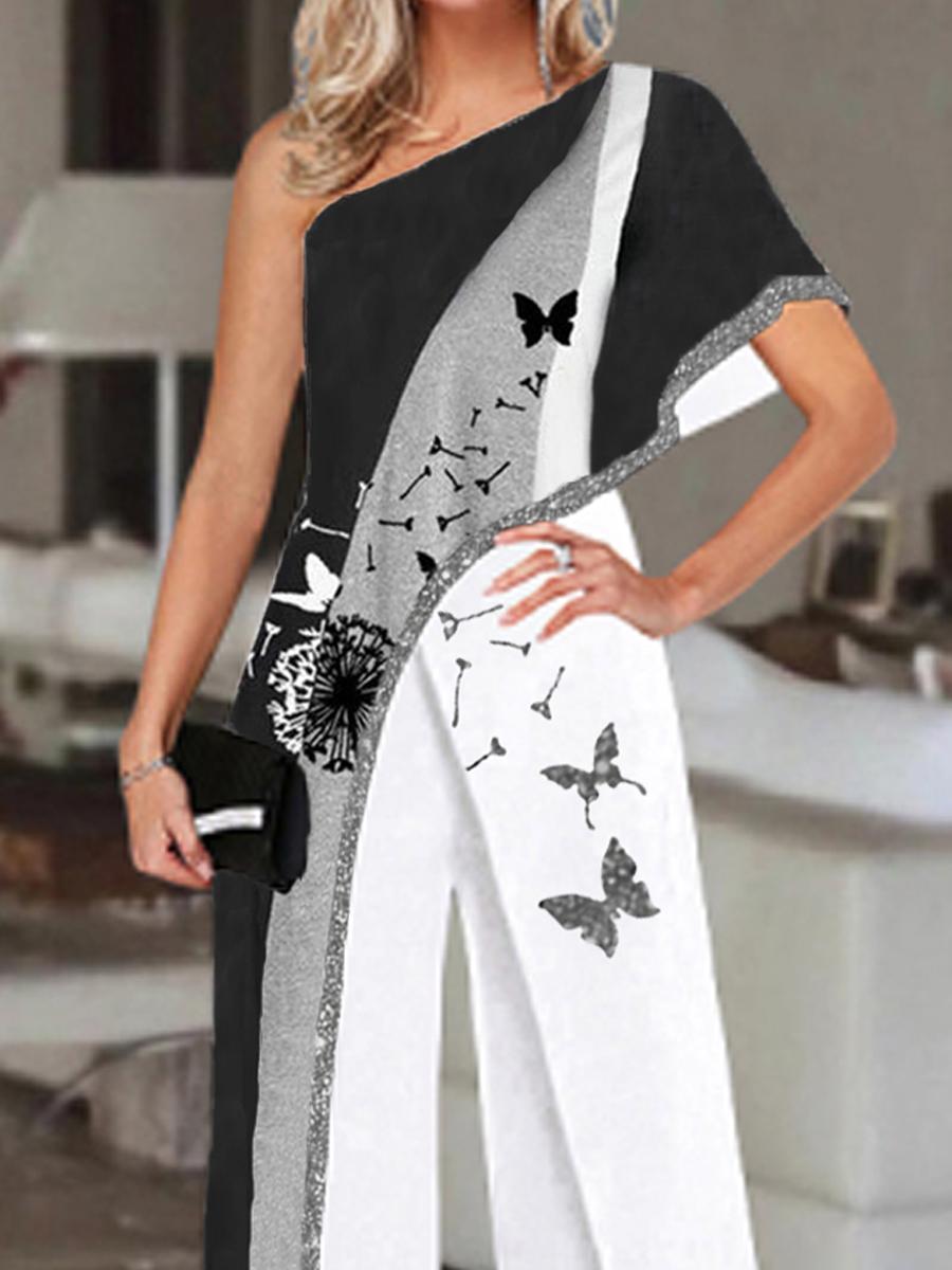 Fashion Dandelion Color Block Print Off-shoulder Jumpsuit Women