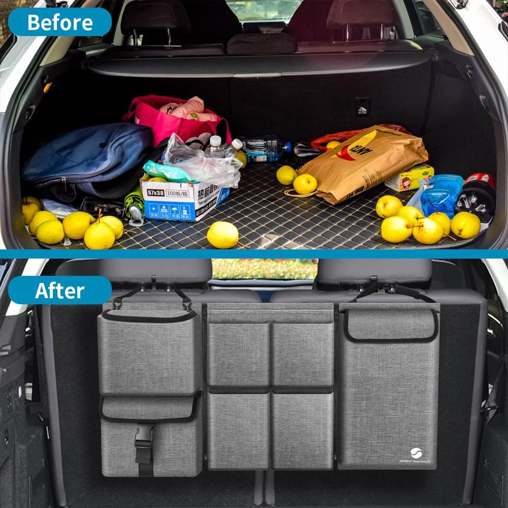 Car Trunk Organizer with Cooler, Hanging Car Organizers and Storage with Large Pockets, Zippers Detachable Seat Back Organizers Storage, Waterproof Car Storage Trunk Organizer for Jeeps, SUVs, Grey