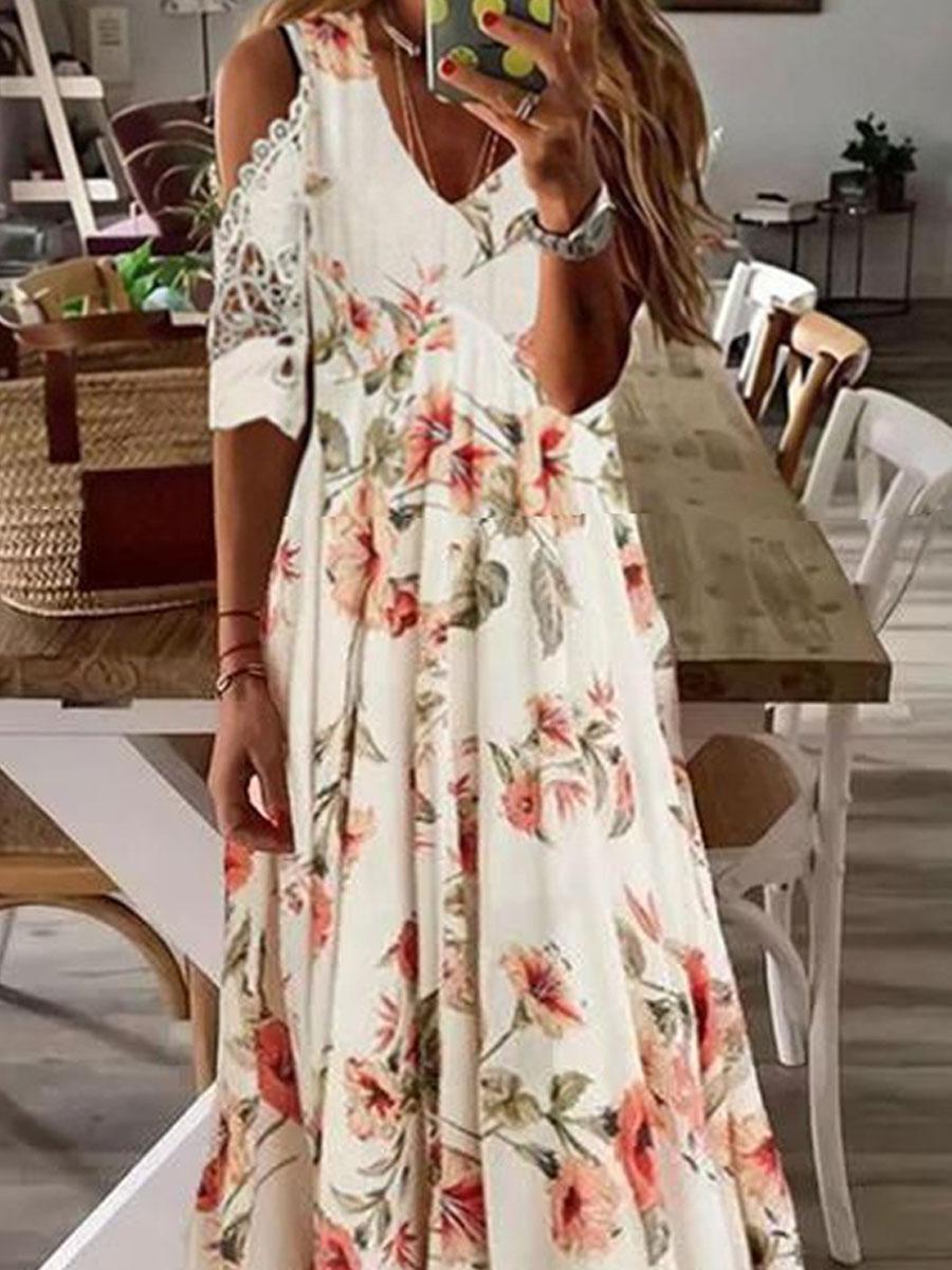 V-neck Floral Print Casual Maxi Dress