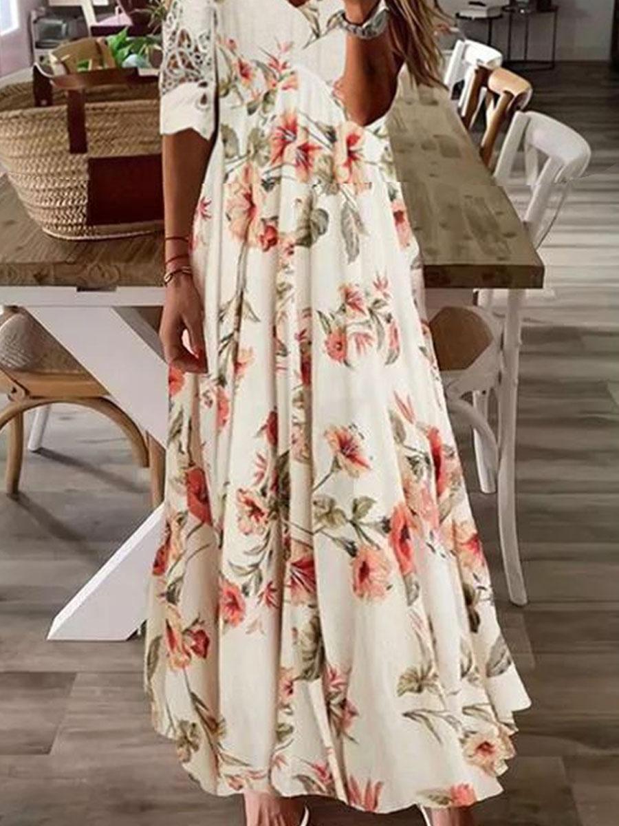 V-neck Floral Print Casual Maxi Dress