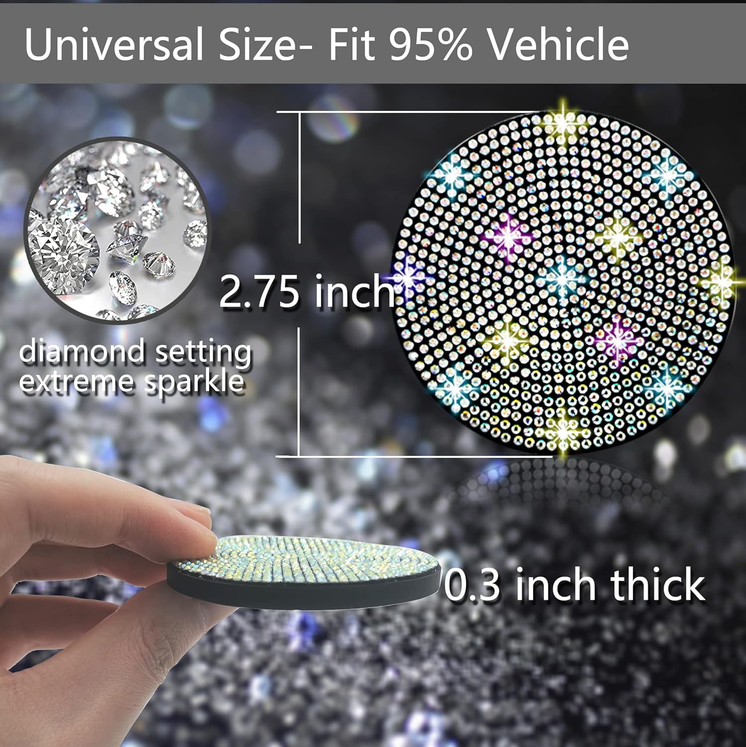 2pcs Bling Car Cup Holder Coaster, 2.75 inch Anti-Slip Shockproof Universal Fashion Vehicle Car Coasters Insert Rhinestone Auto Automotive Interior Accessories for Women (2 pcs, Colorful)