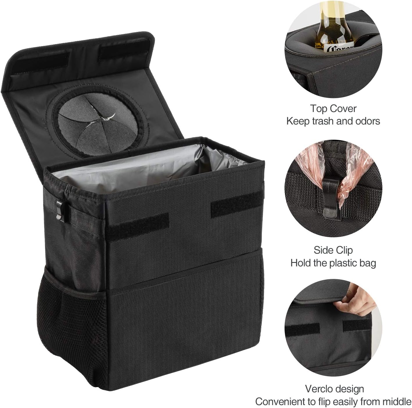 Ryhpez Car Trash Can with Lid - Car Trash Bag Hanging with Storage Pockets, Leak-Proof Collapsible Garbage Bin for Car(3.2 Gallon/12L)