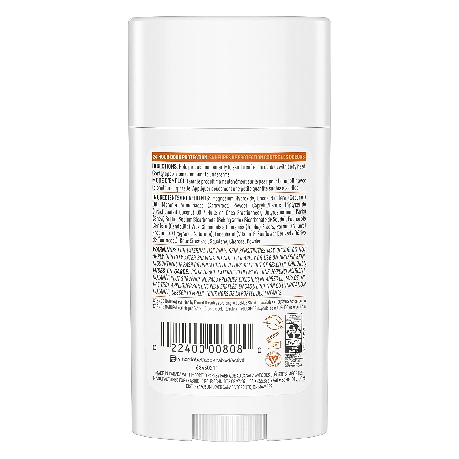 Schmidt's Aluminum Free Natural Deodorant for Women and Men, Sandalwood and Citrus with 24 Hour Odor Protection, Vegan and Cruelty Free, 2.65 oz, Pack of 4