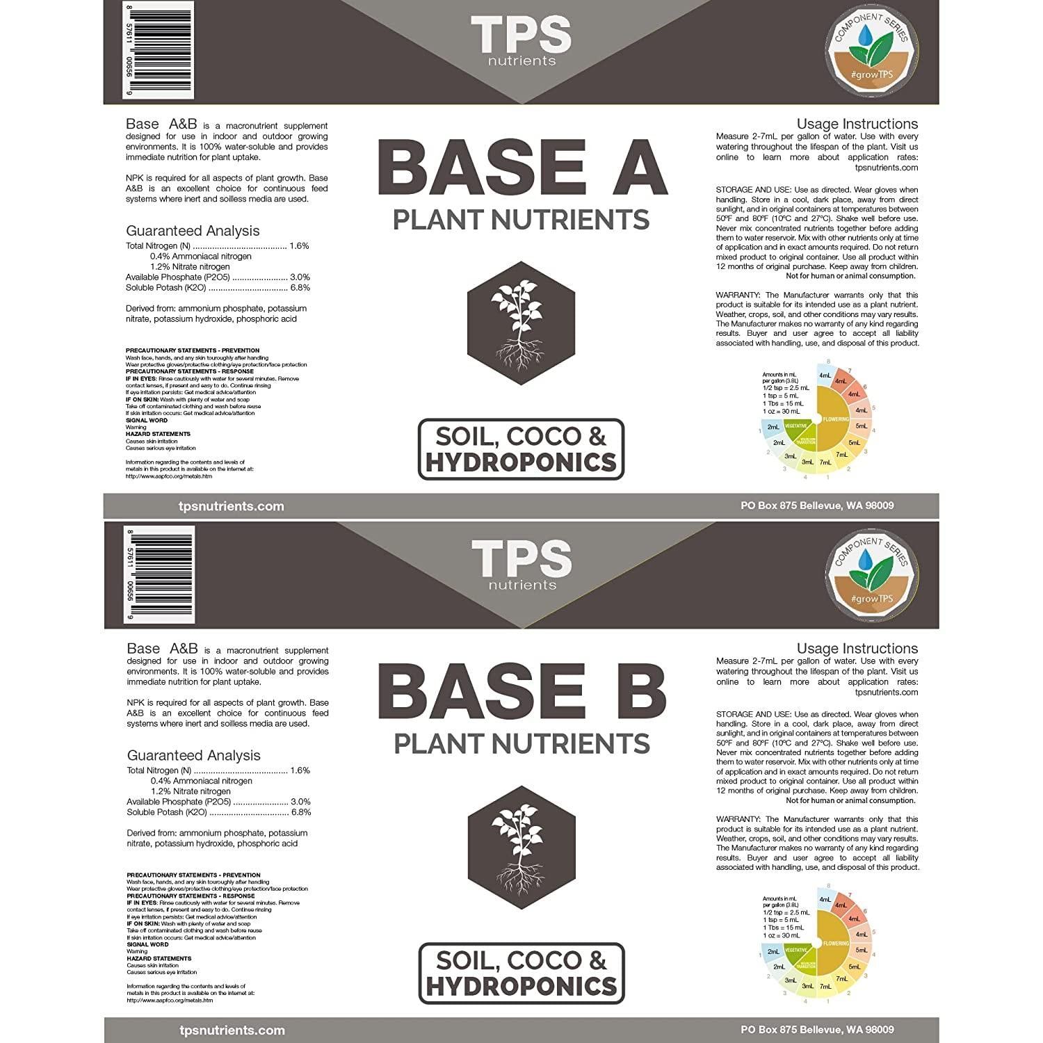 TPS Base A+B Two Part Set Complete Plant Growing Nutrient Formula for All Plants, for Both Soil and Hydro, 2.5 Gallon Set (2 x 320 oz)