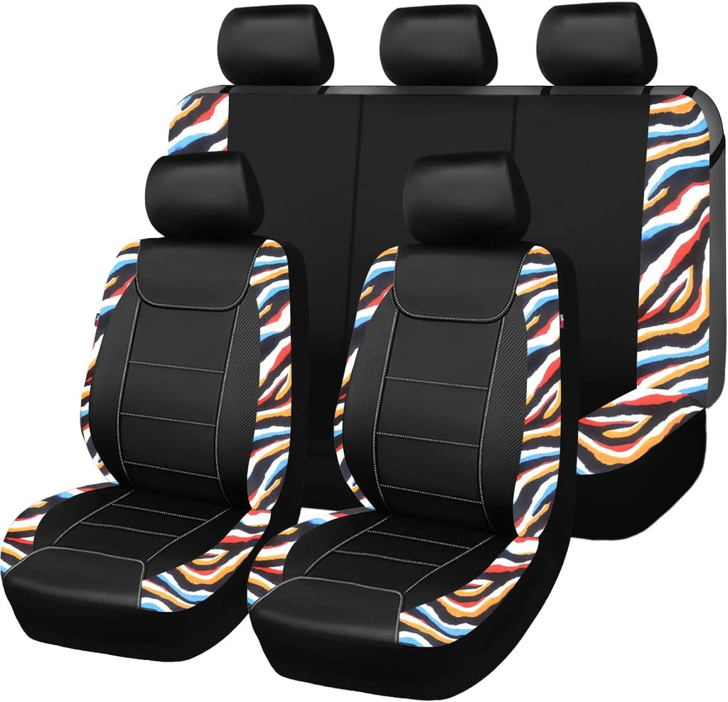 Flying Banner car seat Covers Protects Water Proof Faux Leather Carbon Fiber Fronts Rear Bench Covers (Muti-Color Zebra Black, Full Set - 8PCS)