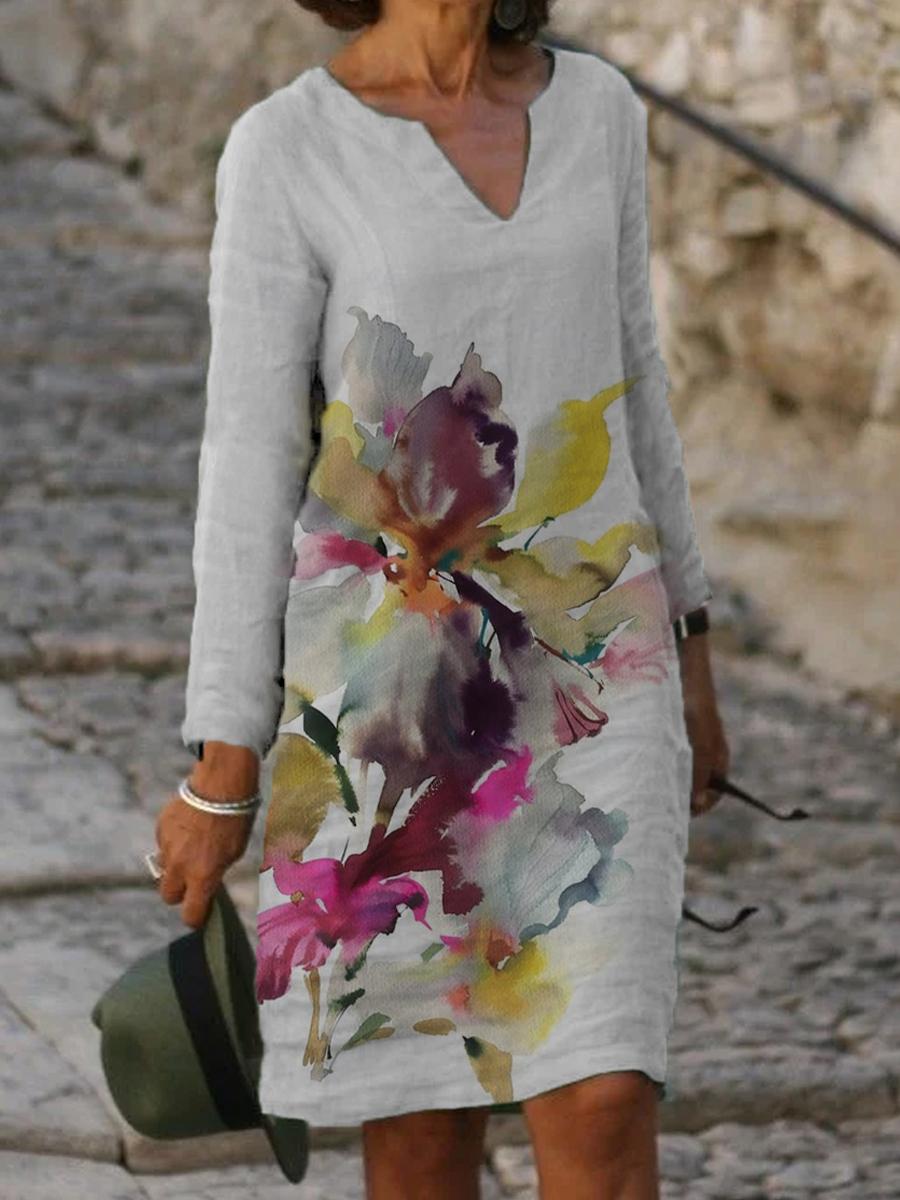 Casual Art Floral Print V-neck Long Sleeve Midi Dress Women