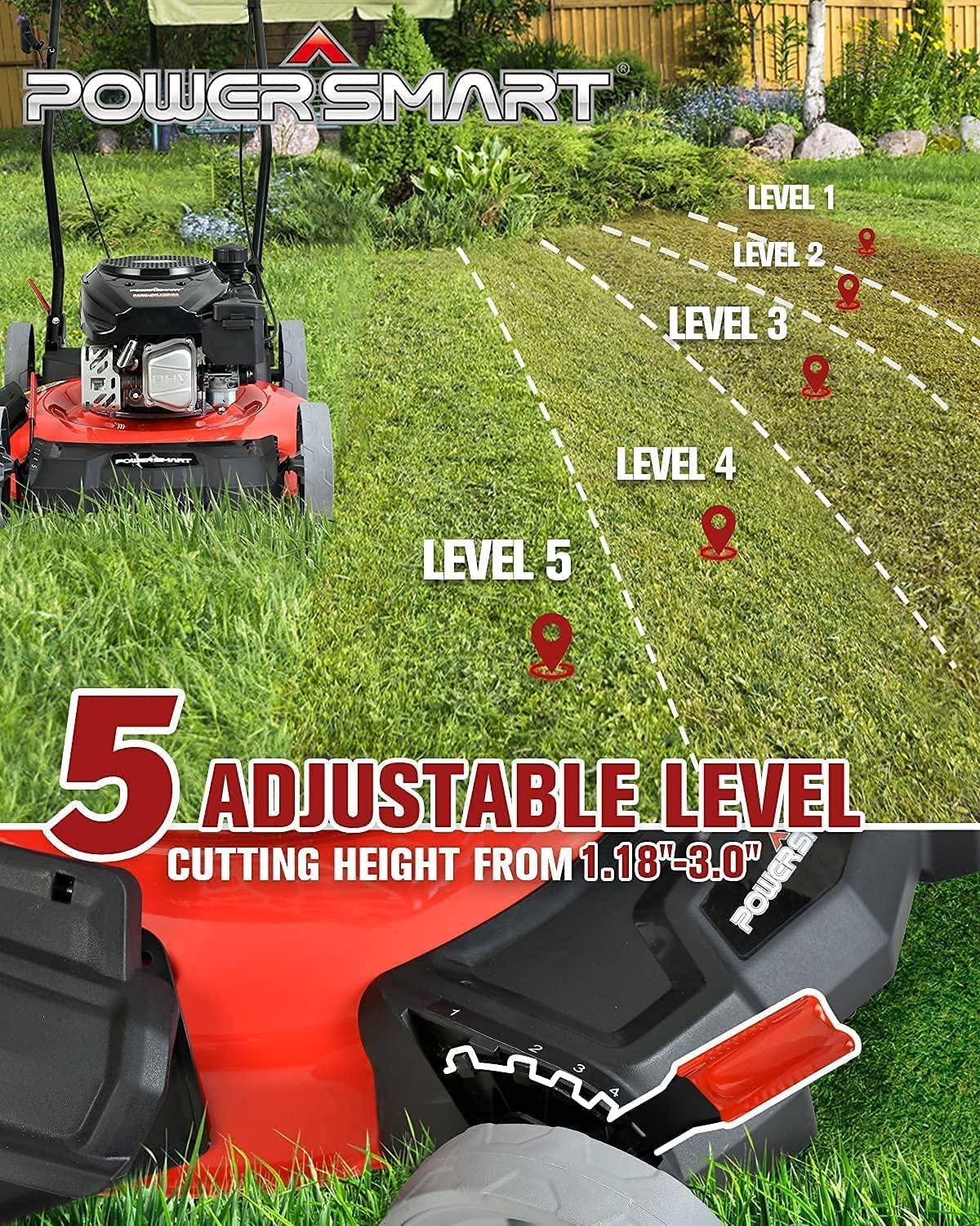 PowerSmart Lawn Mower Gas Powered - 21 Inch & 144CC 4-Stroke Engine, 5 Adjustable Heights (1.18''-3.0''), Oil Included