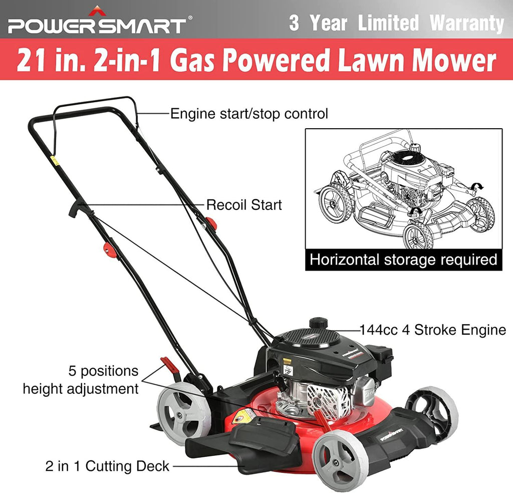 PowerSmart Lawn Mower Gas Powered - 21 Inch & 144CC 4-Stroke Engine, 5 Adjustable Heights (1.18''-3.0''), Oil Included