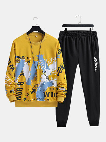 mens letter brush stroke print crew neck street two pieces outfits