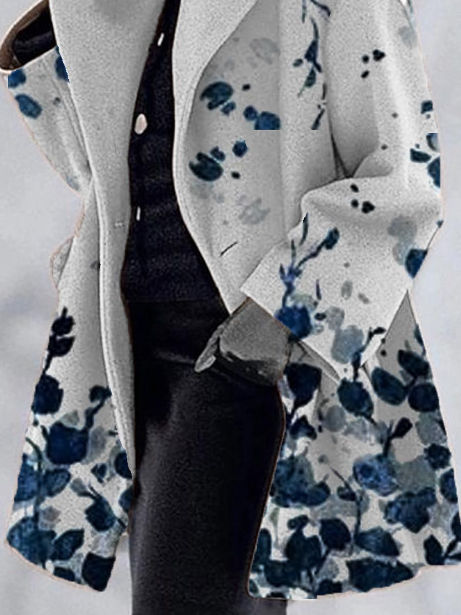 Leaf Print Double Pocket Casual Woolen Coat