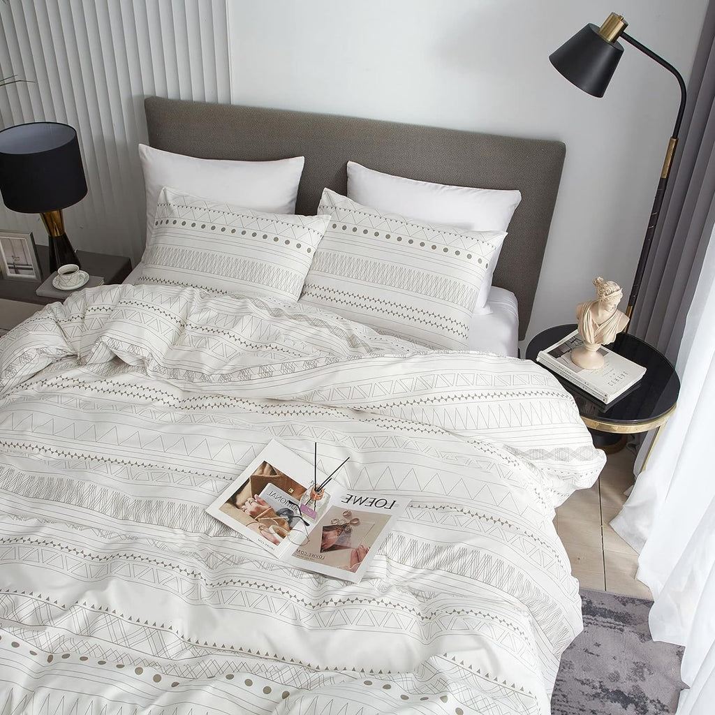 HYPREST Boho Duvet Cover King Size - Soft Boho Aztec White Duvet Cover with Taupe Waves and Traingles Lightweight, Oeko-TEX Certificated (No Comforter)