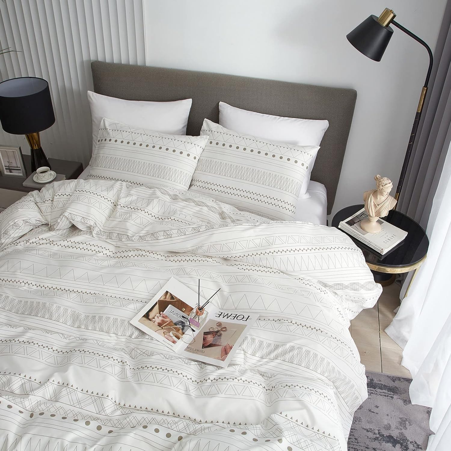 HYPREST Boho Duvet Cover King Size - Soft Boho Aztec White Duvet Cover with Taupe Waves and Traingles Lightweight, Oeko-TEX Certificated (No Comforter)