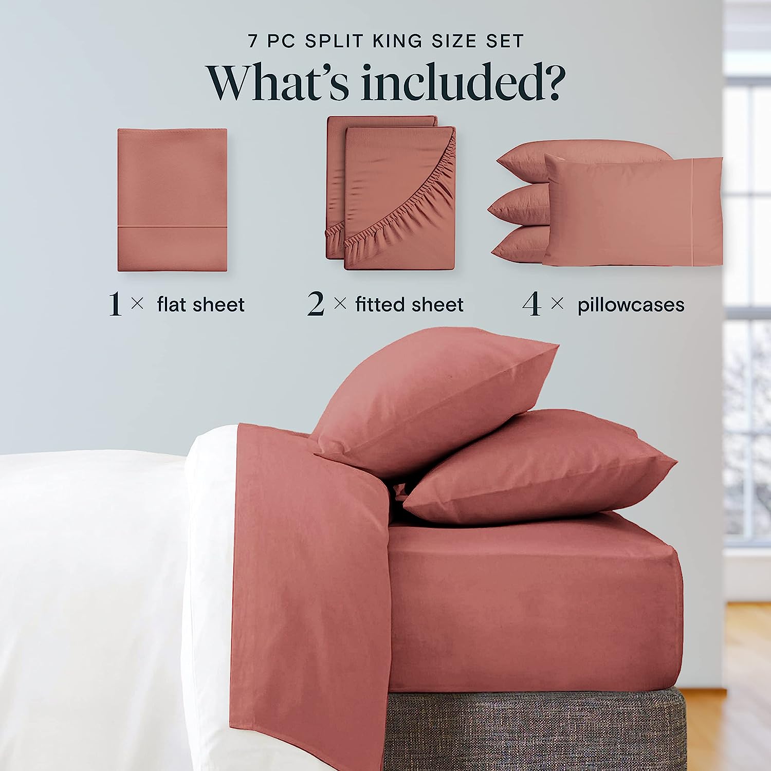 LuxClub 7 PC Split King Sheet Set Bamboo Sheets Deep Pockets 18" Eco Friendly Wrinkle Free Cooling Sheets Machine Washable Hotel Bedding Silky Soft - Salmon Pink Split King