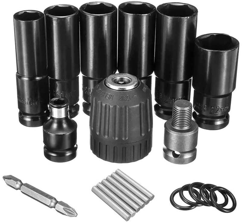 Peixiang Sturdy Power Tool Accessories, 10pcs Air Impact Socket Wrench Adapter Set 1/2 Inch Square Drive Metric Drill Chuck Adapter Safety