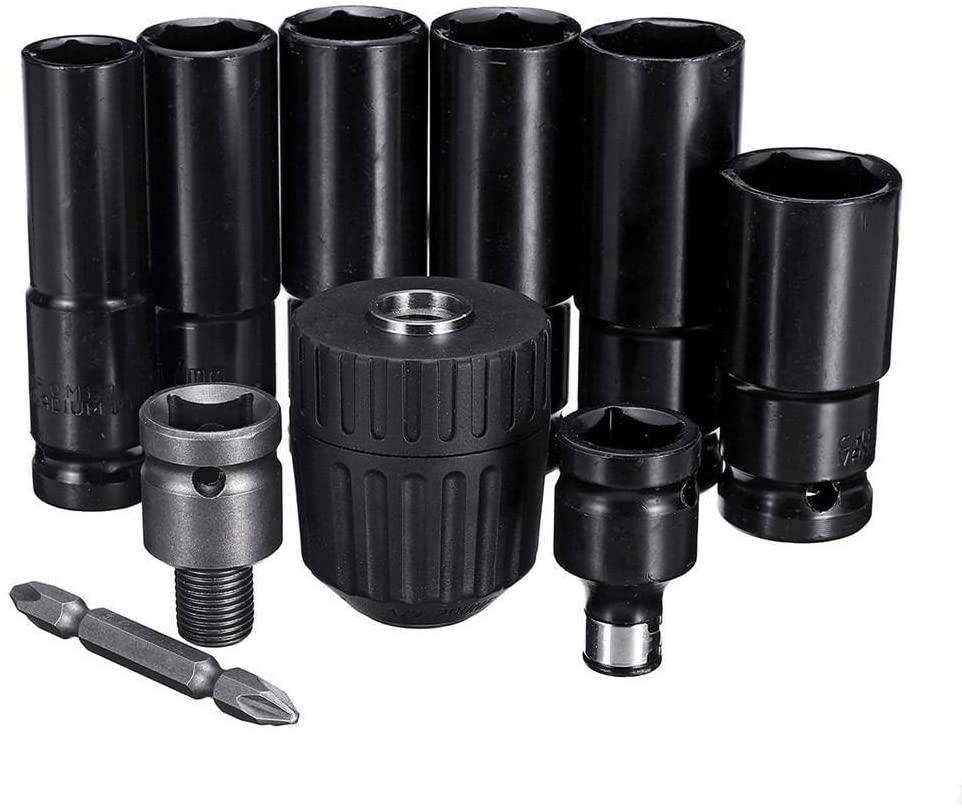 Peixiang Sturdy Power Tool Accessories, 10pcs Air Impact Socket Wrench Adapter Set 1/2 Inch Square Drive Metric Drill Chuck Adapter Safety
