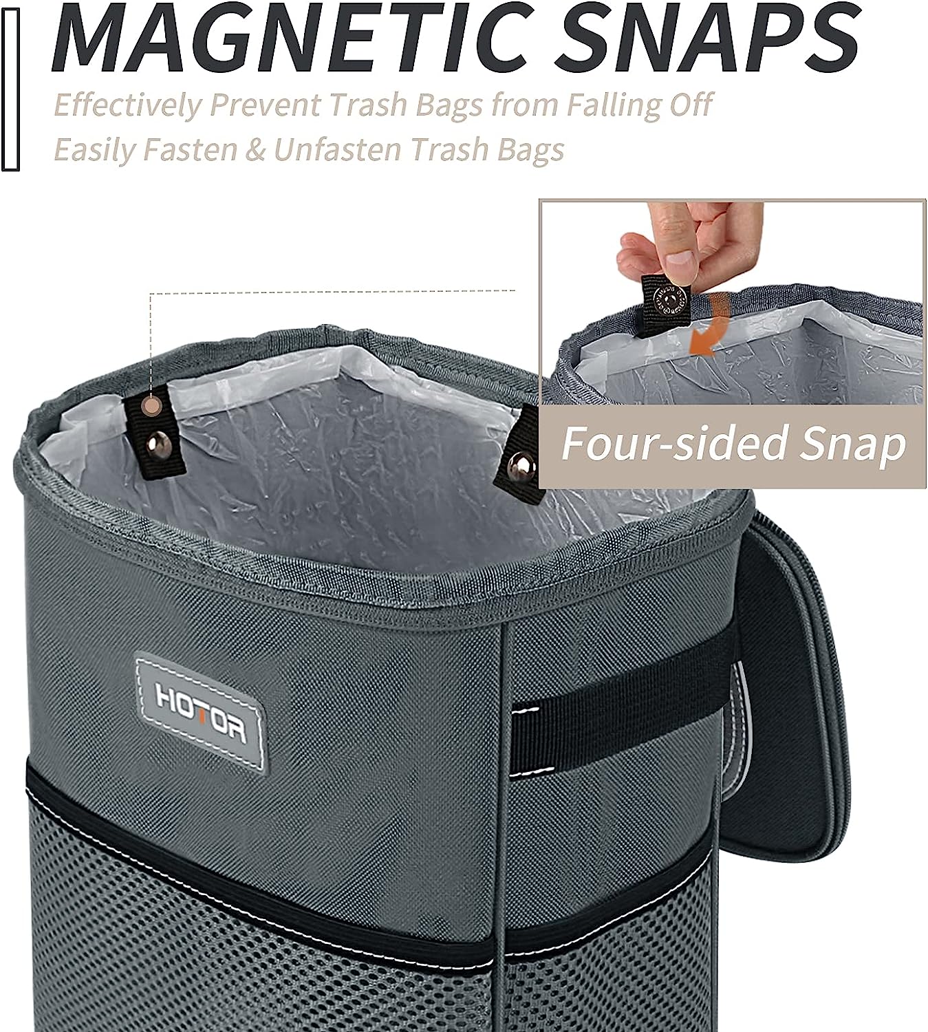 HOTOR Car Trash Can, Multifunctional Car Accessory for Interior Car Stuff Storage with Compact Design, Waterproof Car Organizer and Storage with Adjustable Straps, Magnetic Snaps (Gray)