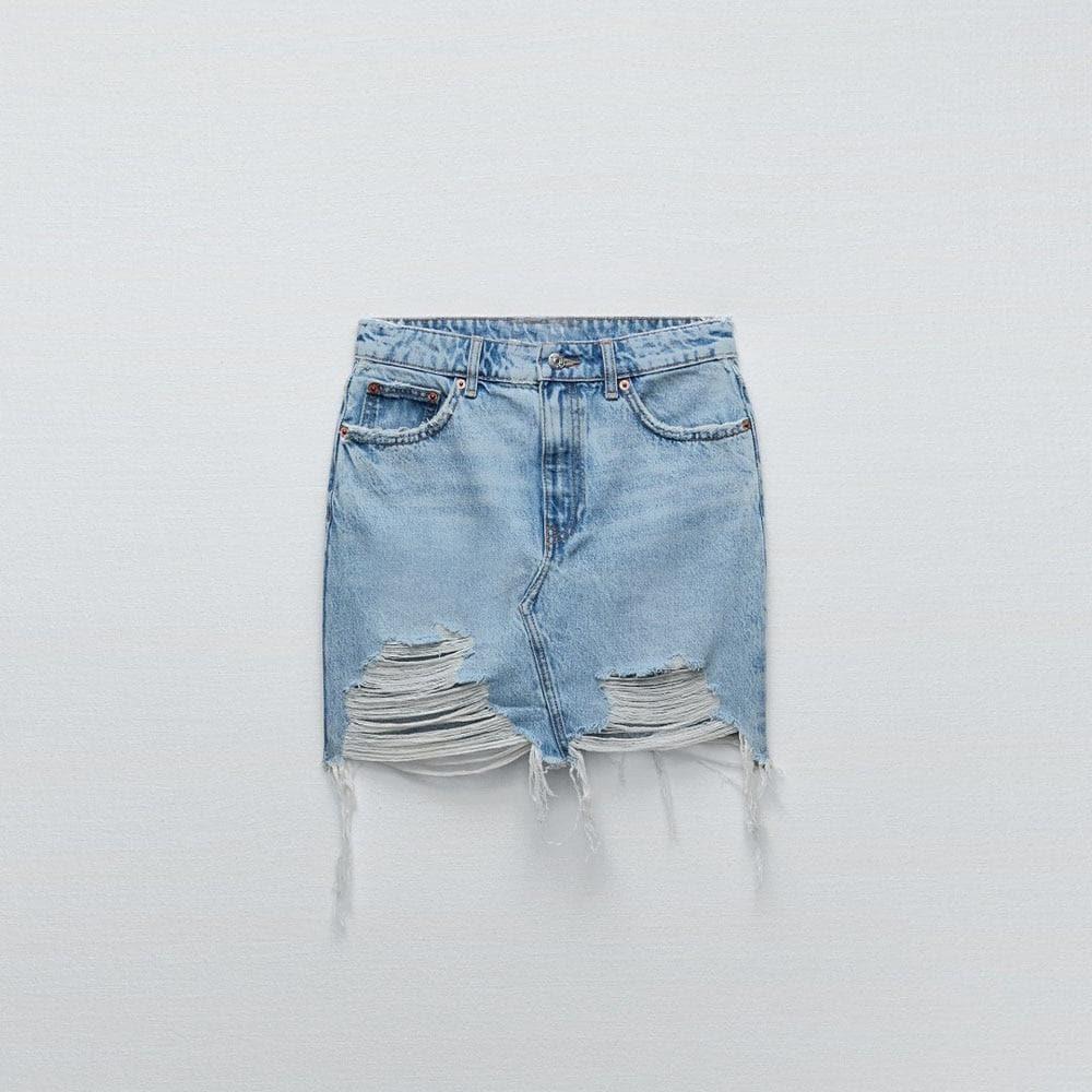 denim raw edge mini skirt