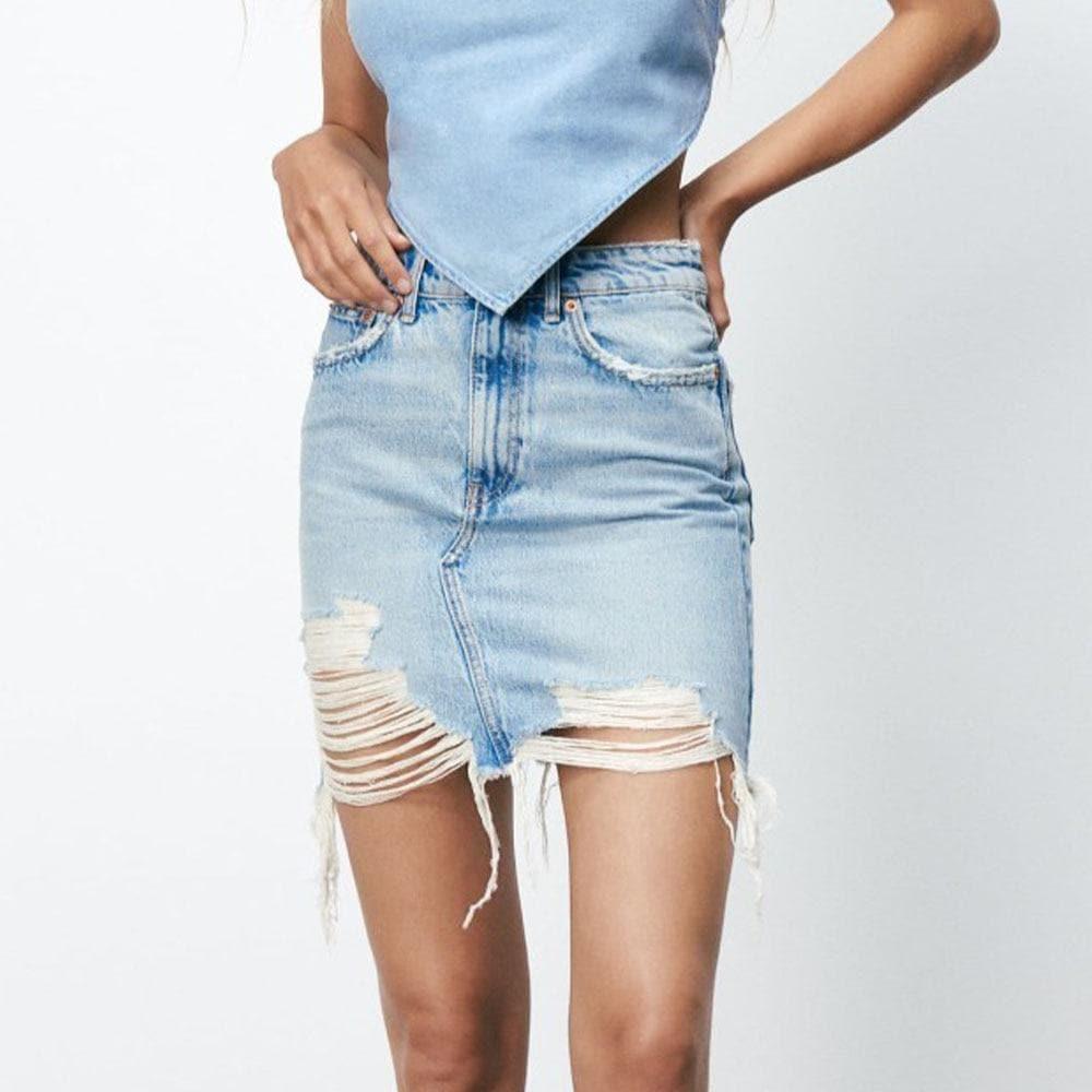 denim raw edge mini skirt