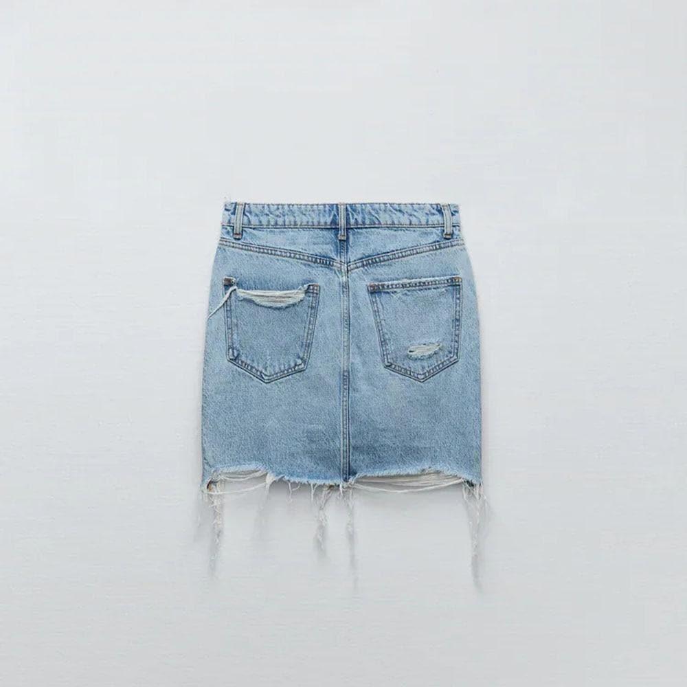 denim raw edge mini skirt