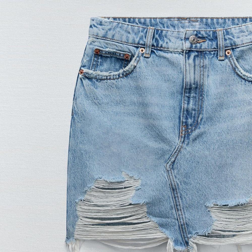 denim raw edge mini skirt