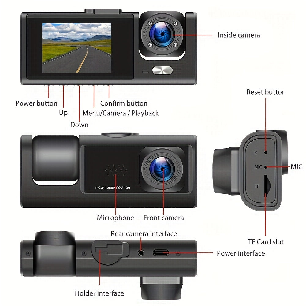 1080P Car Dash Cam 2 Camera Cycle Recording Video Recorder, Front And Inside View Camera, ParMonitor, Reverse Camera, Infrared Night Vision