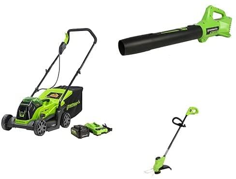Greenworks 24V 13" Brushless Lawn Mower, Blower, String Trimmer, 4.0Ah USB Battery and Charger Included
