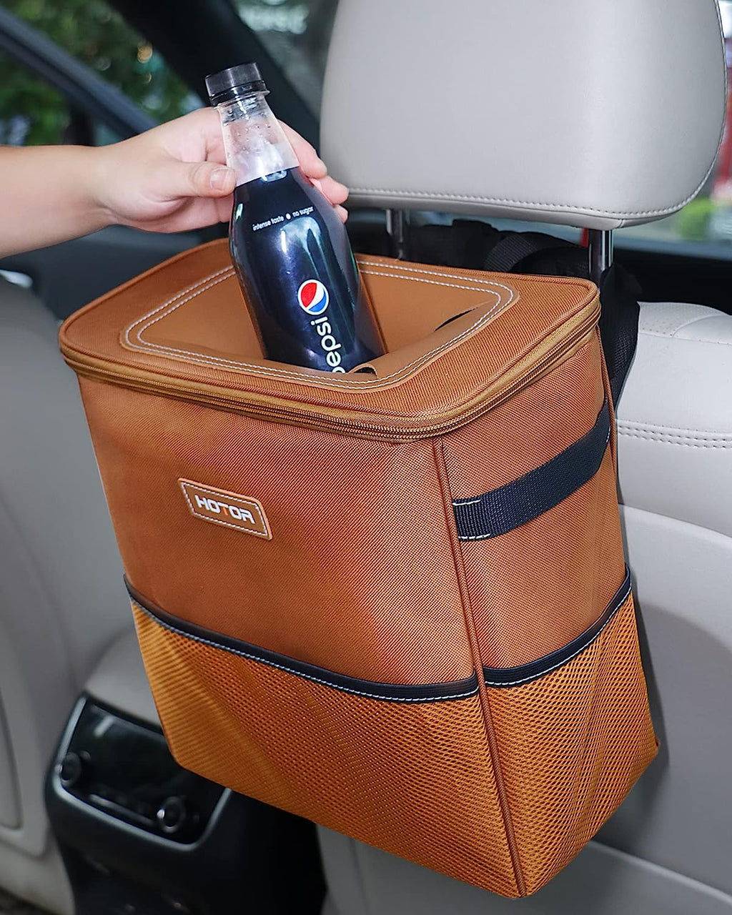 HOTOR Car Trash Can, 3-Gallon Ultra-Large Car Garbage Can, 100% Leakproof &amp; Waterproof Trash Can for Car, Multipurpose Car Trash Bin with Adjustable Straps, Magnetic Buckles, Mesh Pockets (Brown)
