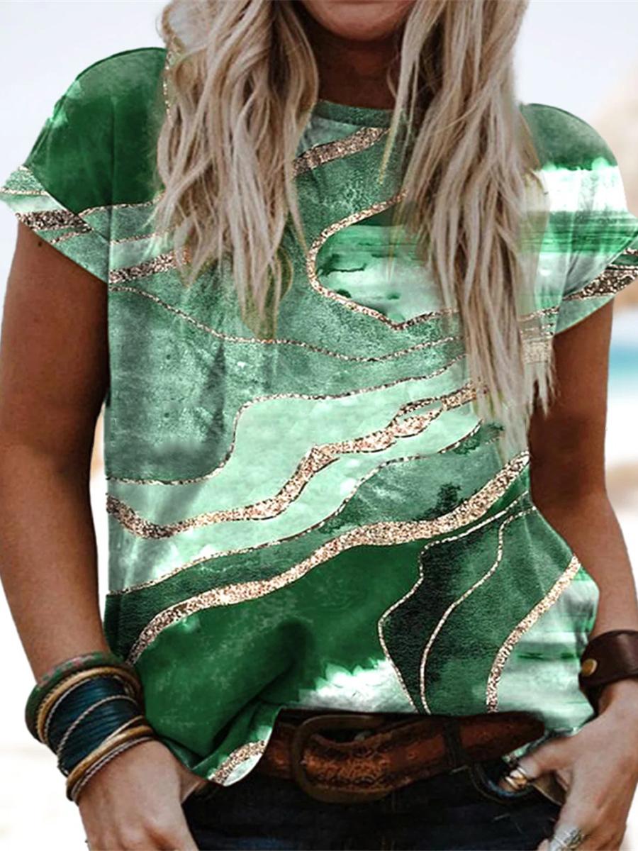 Loose Casual Marble Print Crew Neck Short Sleeve T-Shirt