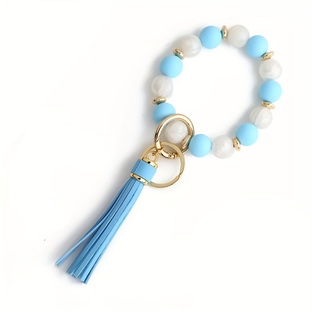 Silicone Beaded Bracelet Keychain, Key Ring Bangle Wristlet Keychain With Faux Leather Tassel For Women/Girls