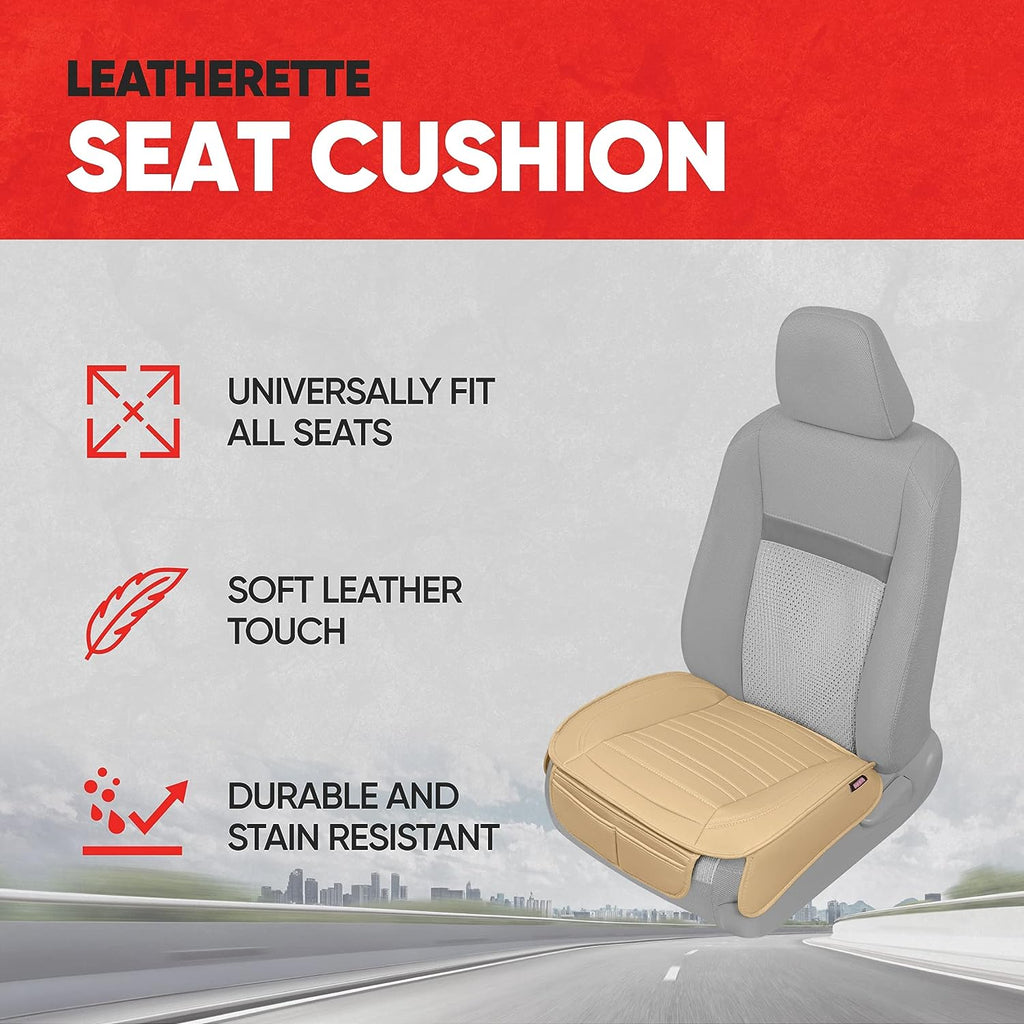 Motor Trend Seat Covers for Cars Trucks SUV, Faux Leather Beige Padded Car Seat Covers with Storage Pockets, Premium Interior Car Seat Cover, 2 x Front Seat Covers