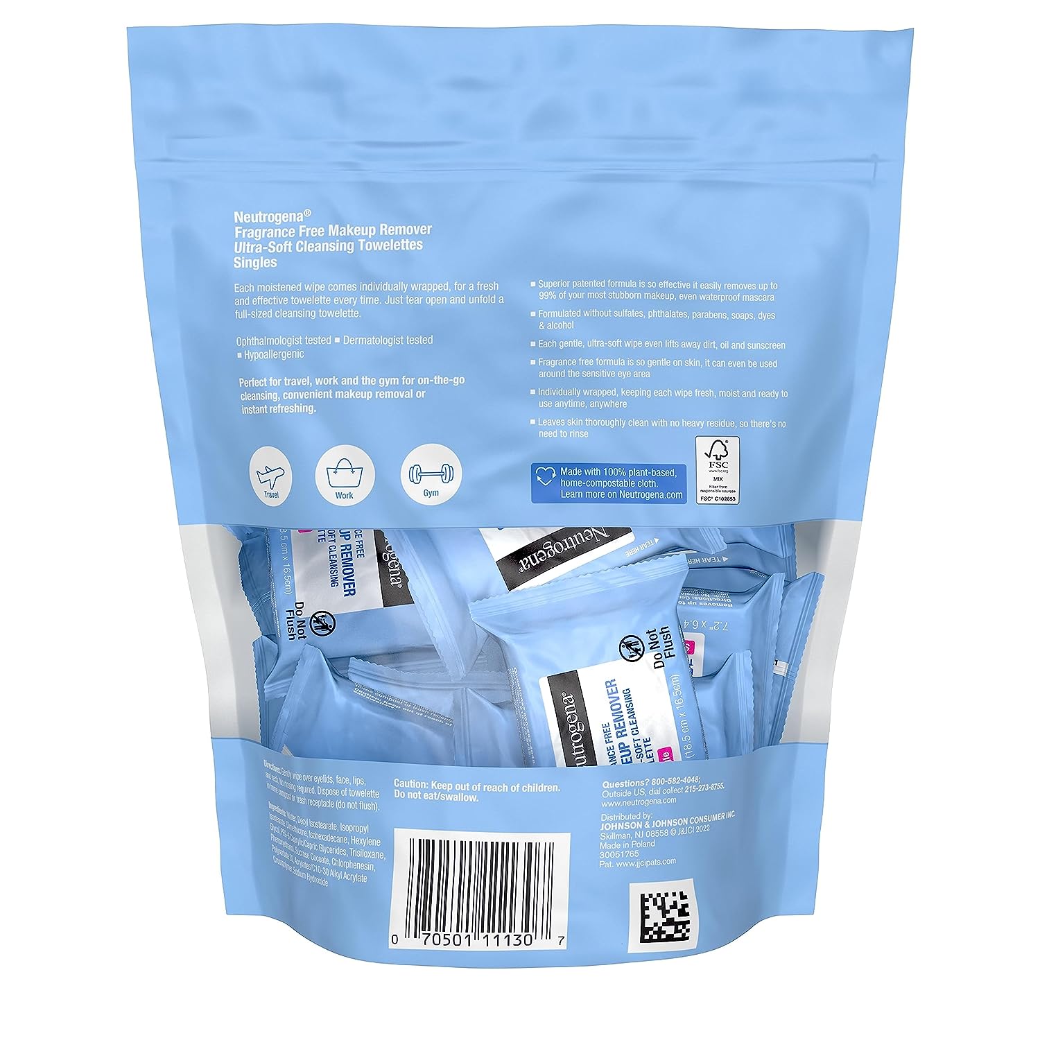 Neutrogena Fragrance-Free Makeup Remover Cleansing Towelette Singles, Individually-Wrapped Daily Face Wipes to Remove Dirt, Oil, Makeup &amp; Waterproof Mascara for Travel &amp; On-the-Go, 20 ct (Pack of 6)