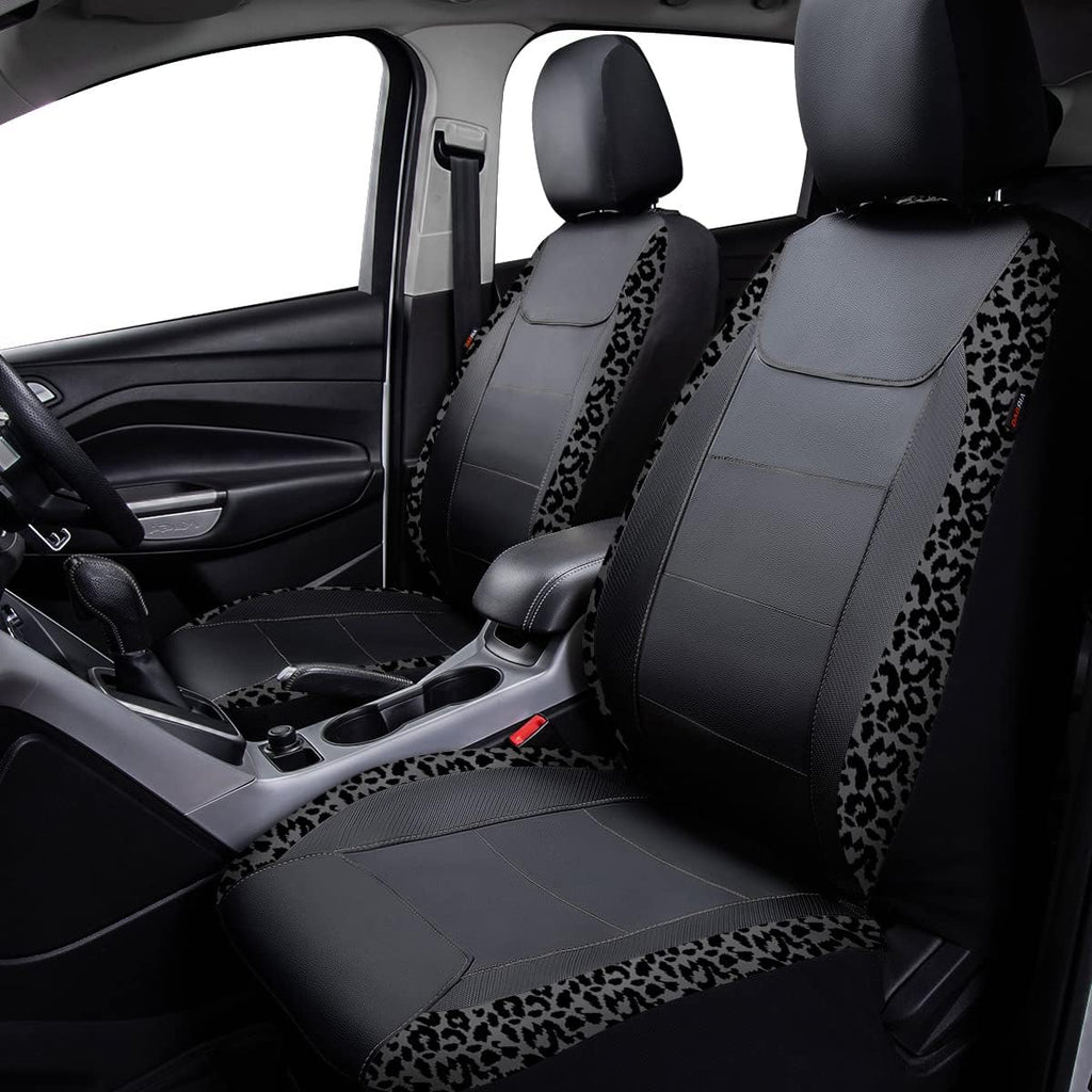 Flying Banner car seat Covers Protects Gray Leopard Printing Velvet Faux Leather Carbon Fiber Front and Rear Bench Full Set (Leopard Gray Black, Full Set - 8PCS)
