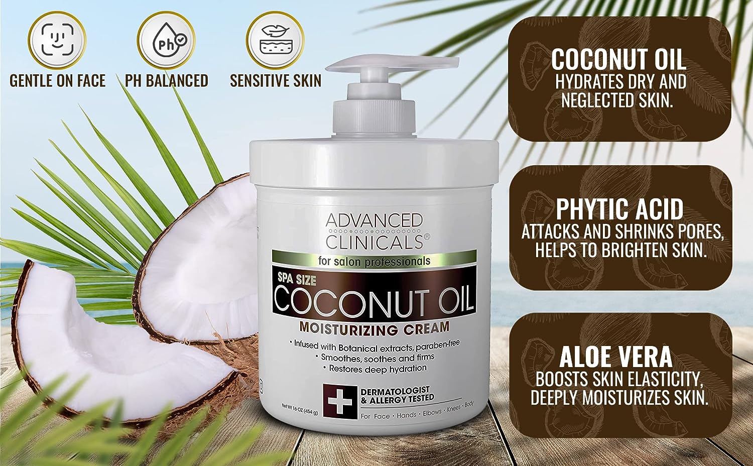 Advanced Clinicals Coconut Body Lotion Moisturizing Cream &amp; Face Lotion | Coconut Oil Lotion For Women &amp; Men | Natural Coconut Cream Moisturizer Body Butter Skin Care Balm For Dry Skin, Large 16 Oz