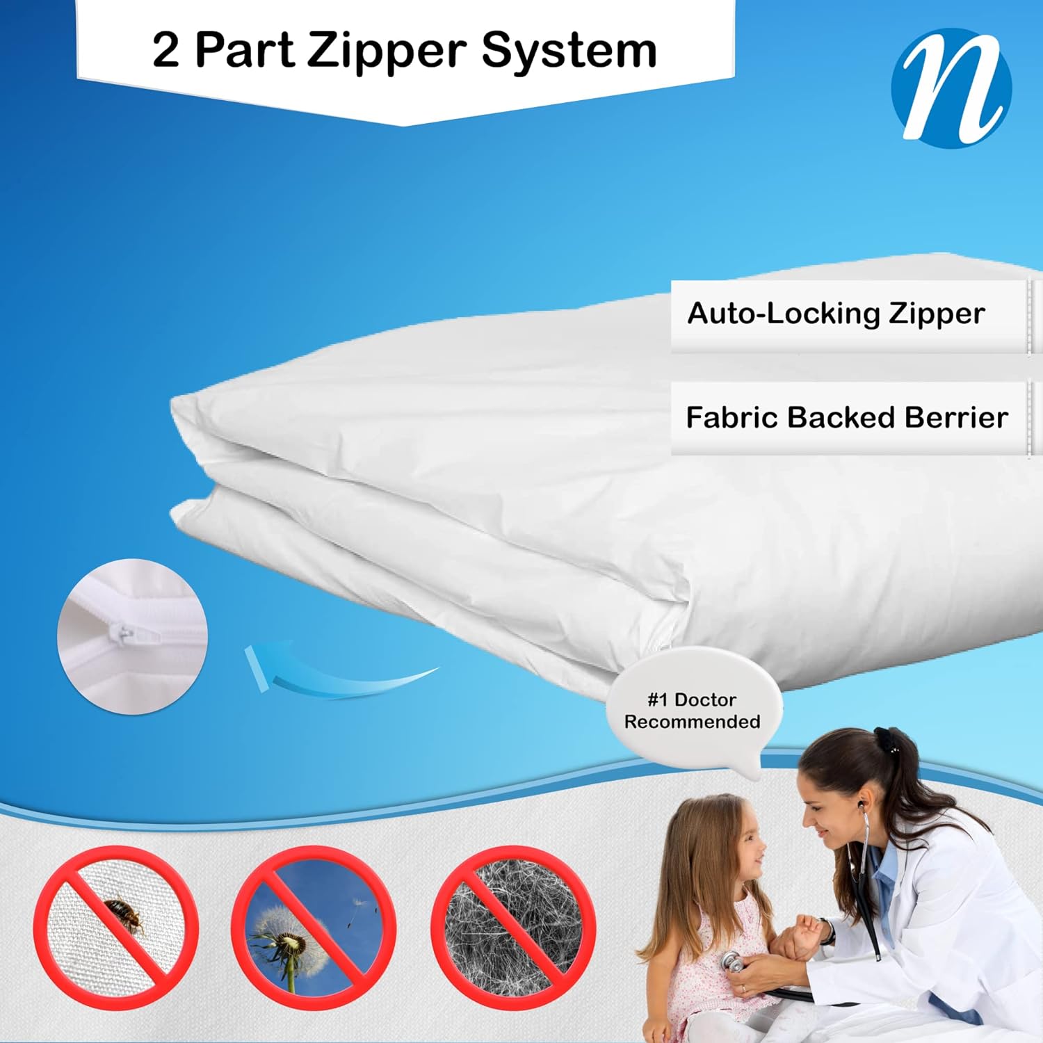 National Allergy Premium Cotton Duvet Comforter Protector - Full/Queen Size - 86" x 86" - White - Breathable 300 Thread Count Hypoallergenic Cover - Zippered Encasement - Bedding Linen