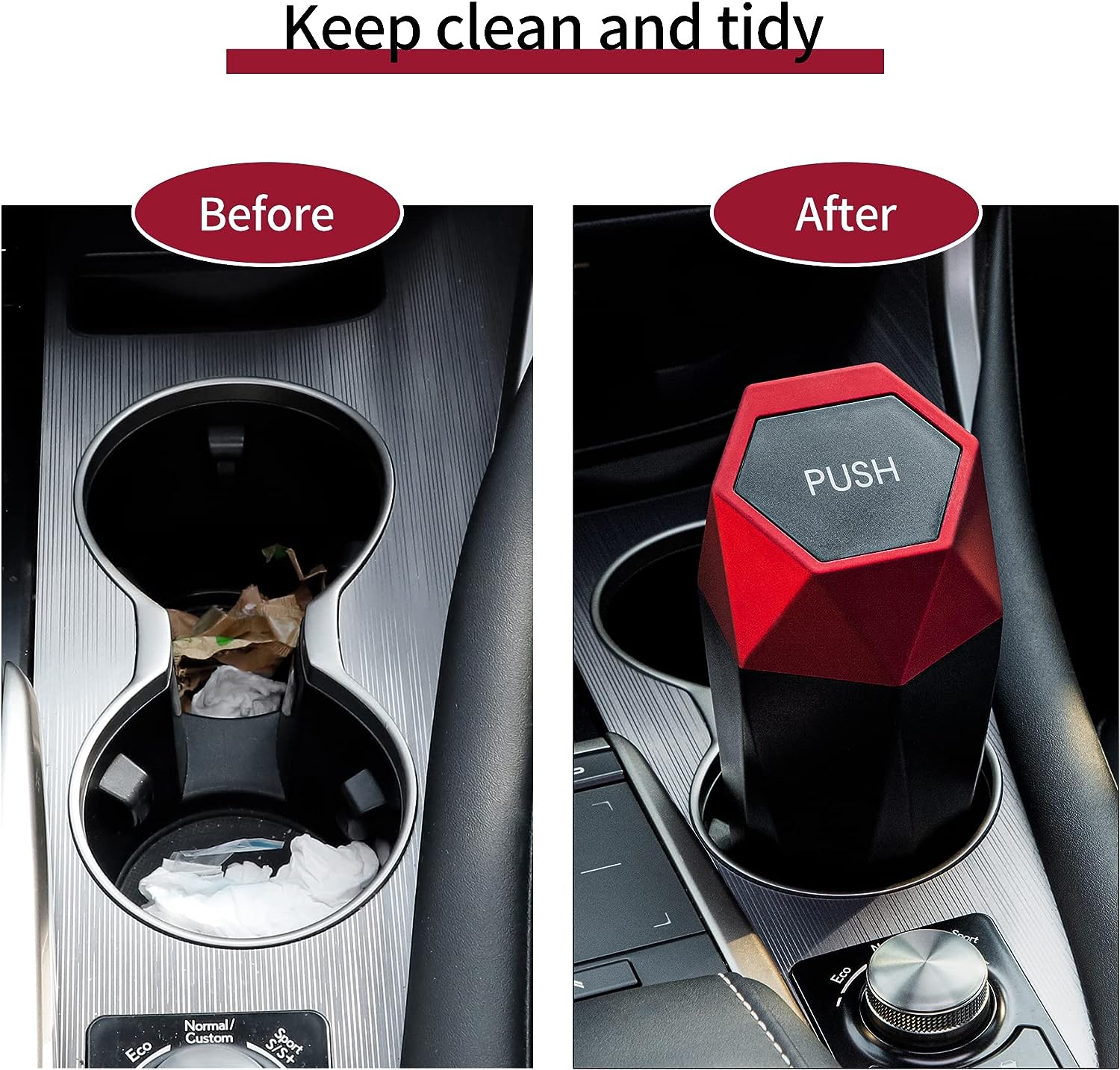 JUSTTOP Car Trash Can with Lid, Diamond  Small Automatic Portable Trash Can, Easy to Clean, Used in Car Home Office (Red)
