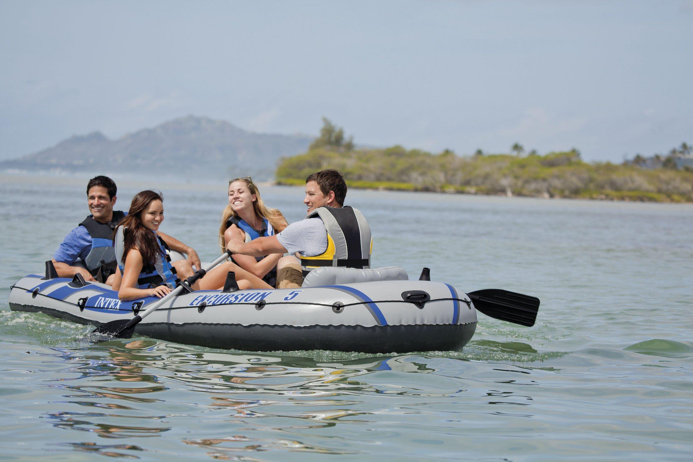 Excursion 5 Person Inflatable Boat Set w/ 2 Oars, Air Pump &amp; Bag (2 Pack)