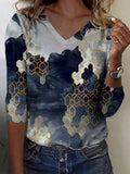 Women's Casual Style V-neck Long-sleeved Pullover Print T-shirt