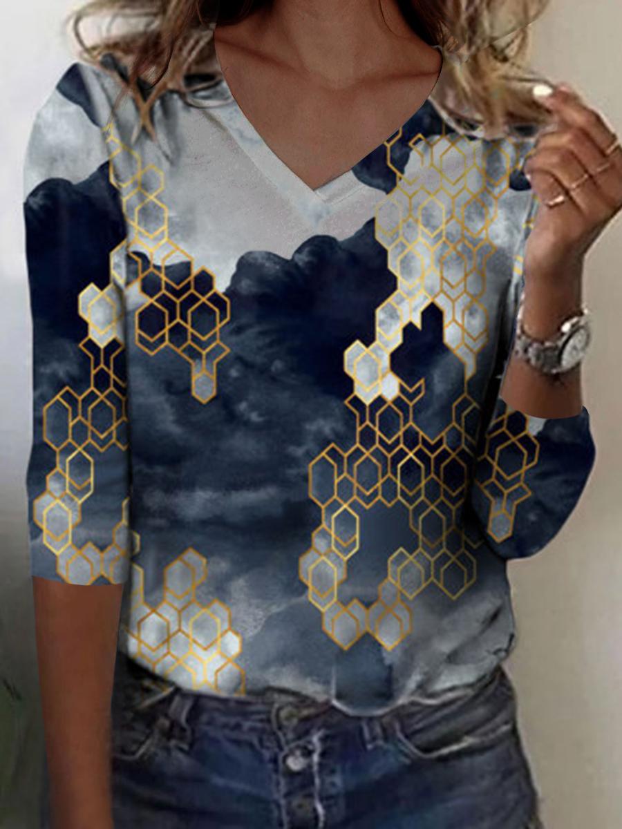 Women's Casual Style V-neck Long-sleeved Pullover Print T-shirt