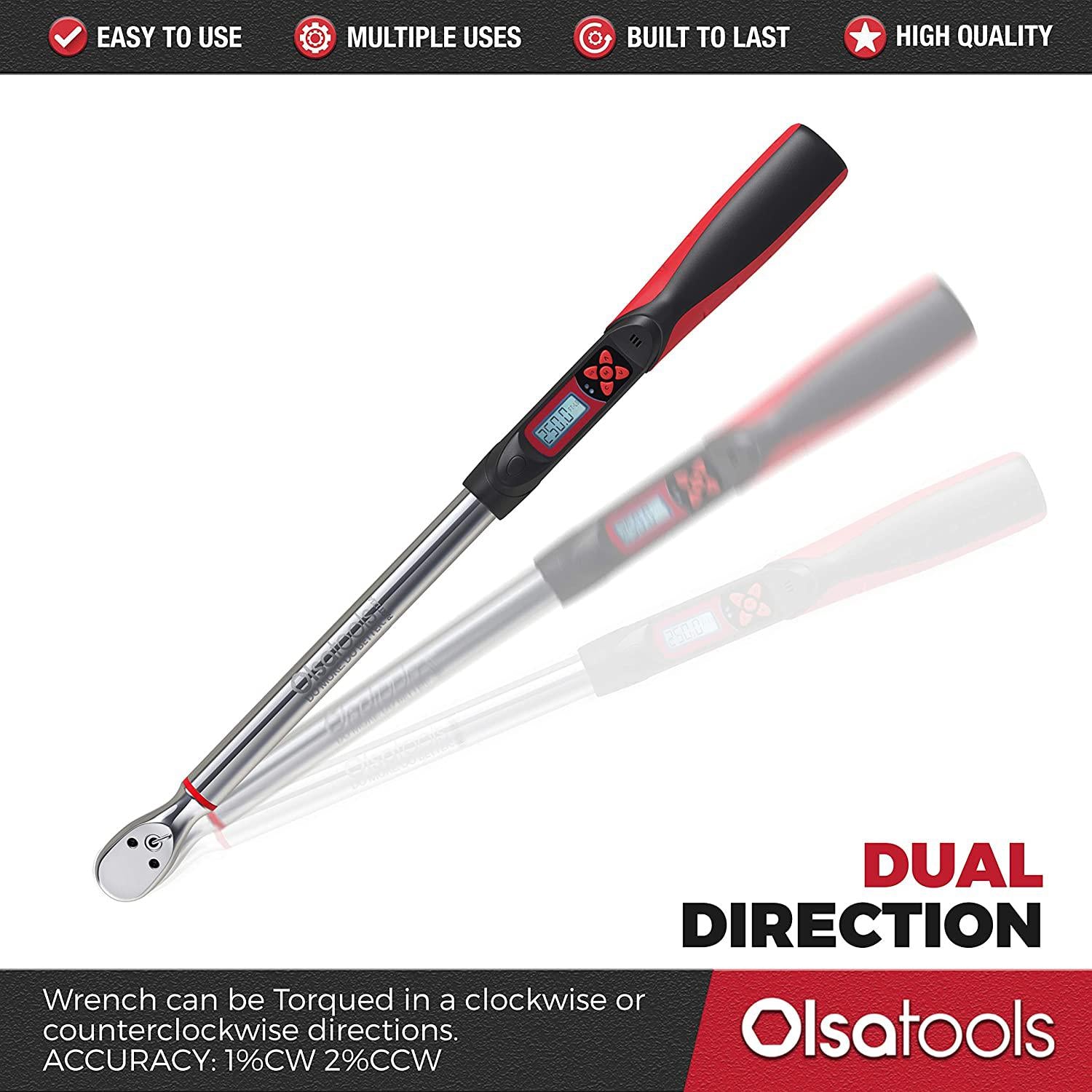Olsa Tools Digital Torque Wrench, 1/2-Inch Drive (12.5-250 ft-lb Torque Range) | ±1% CW and ±2% CCW Torque Accuracy | Premium Ratcheting Adjustable Torque Wrench | Professional Grade