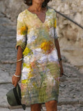 Flower Print V-neck Five-point Sleeve Casual Dress