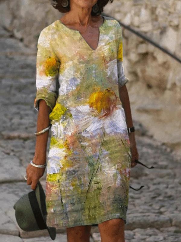 Flower Print V-neck Five-point Sleeve Casual Dress
