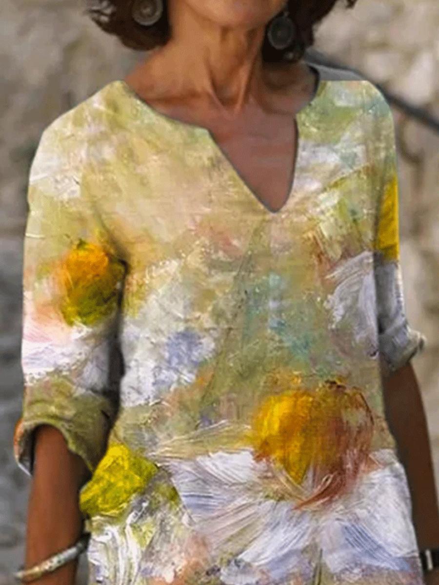 Flower Print V-neck Five-point Sleeve Casual Dress