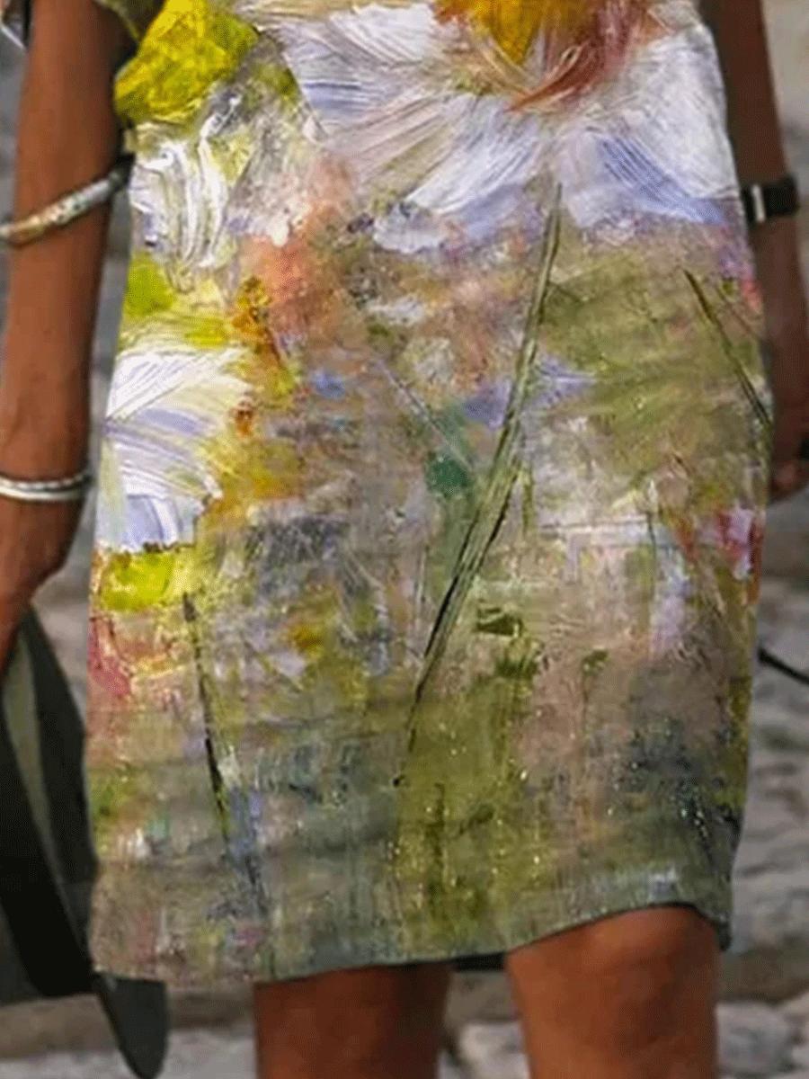 Flower Print V-neck Five-point Sleeve Casual Dress