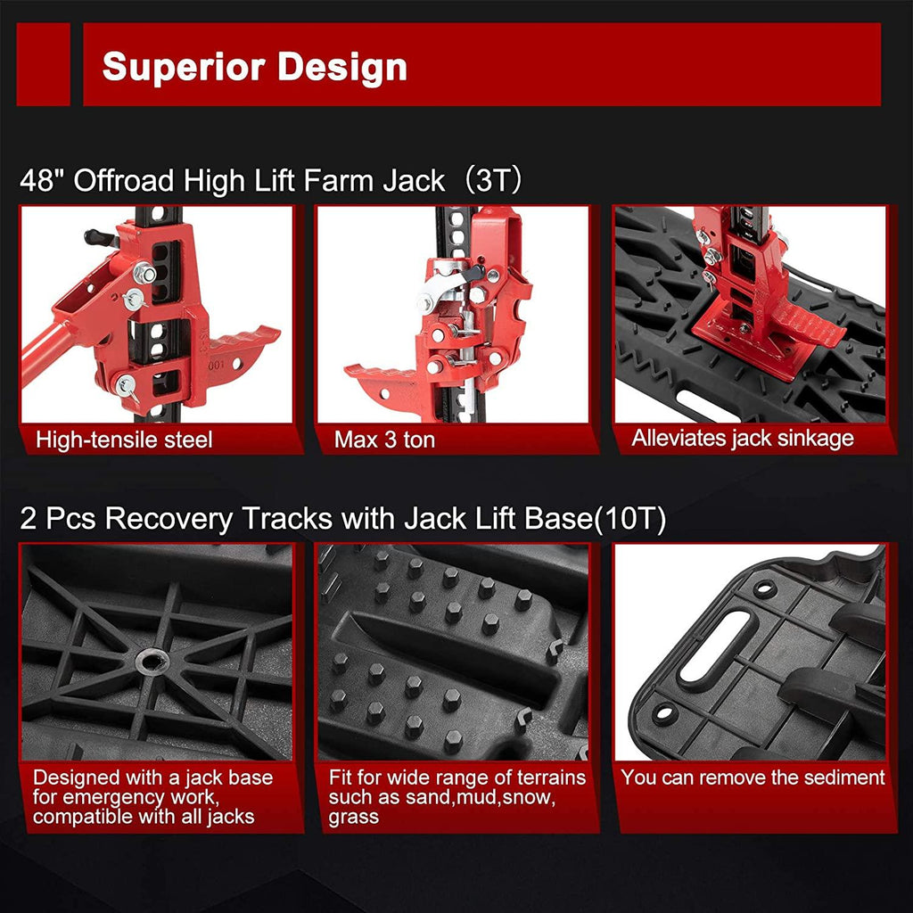 BUNKER INDUST Offroad High Lift Jack with Pair Traction Board Mate,48" FarmJack with Sand Mud Snow Track Mat Board,4x4 4WD Offroad Tire Recovery Kit for Car Truck Jeep ATV SUV UTV
