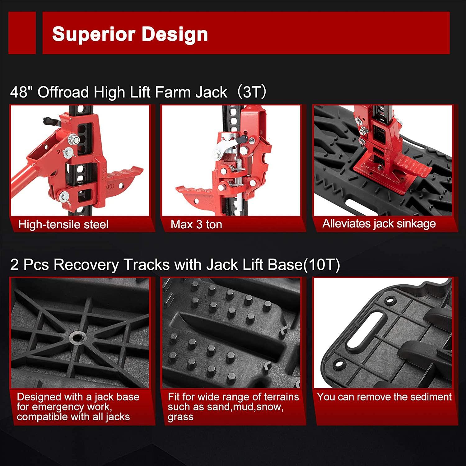 BUNKER INDUST Offroad High Lift Jack with Pair Traction Board Mate,48" FarmJack with Sand Mud Snow Track Mat Board,4x4 4WD Offroad Tire Recovery Kit for Car Truck Jeep ATV SUV UTV