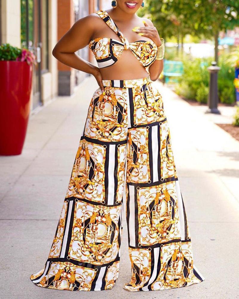Scarf Print One Shoulder Bust Crop Top &amp; Wide Leg Pants Set