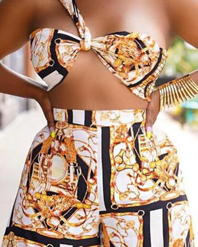 Scarf Print One Shoulder Bust Crop Top &amp; Wide Leg Pants Set