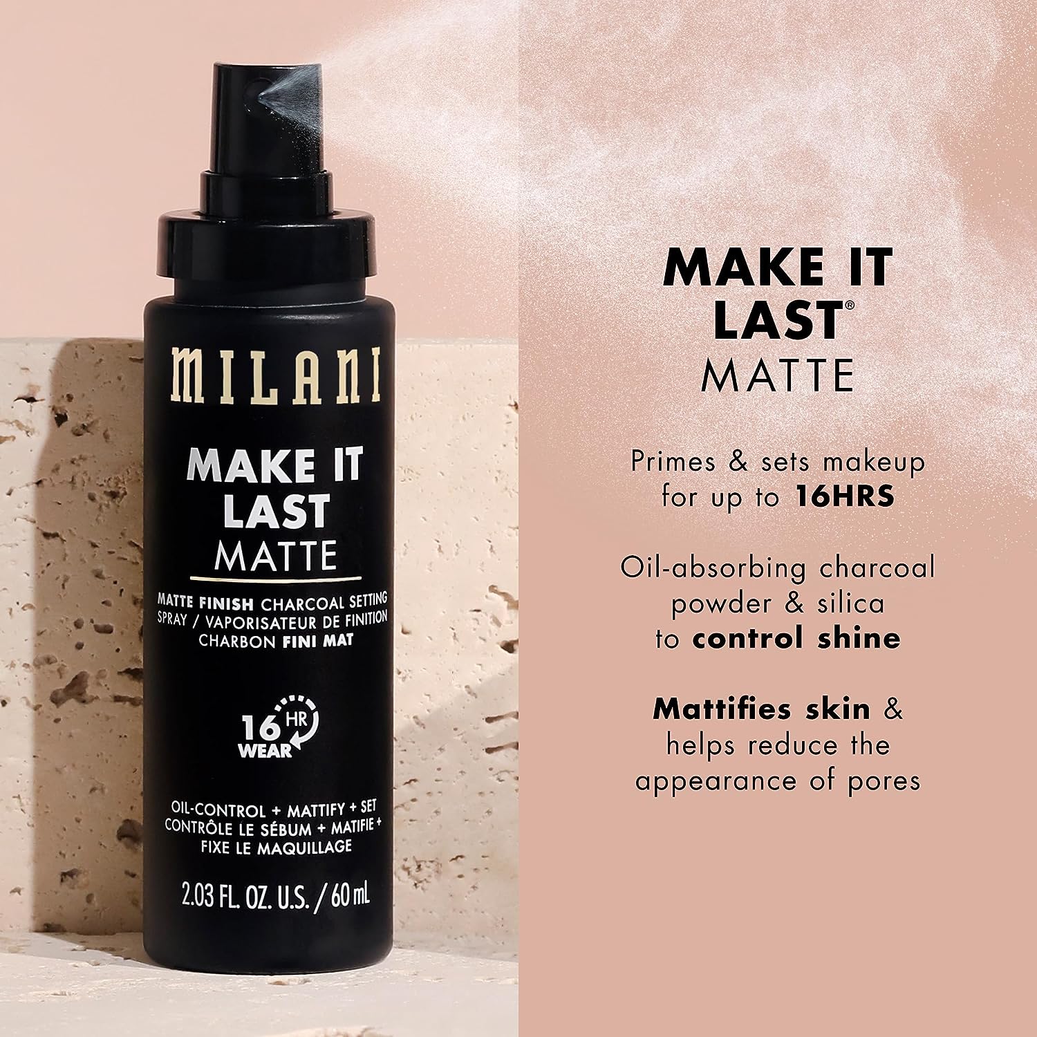 Milani Make it Last Charcoal Matte Setting Spray- Long Lasting , Cruelty-Free Makeup Primer and Finishing/Setting Spray for Oily Skin - - 2 Pack